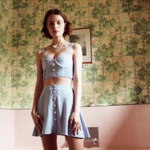 Vanessa Mooney || Celia Bustier Crop Top Button Mini Skirt Set Blue Stripe S NWT - Picture 2 of 10